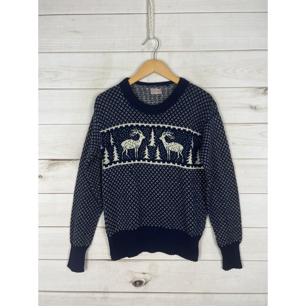 Vintage Debonair Sweater Mens Medium Blue Wool Reindeer Ski Nordic 60s